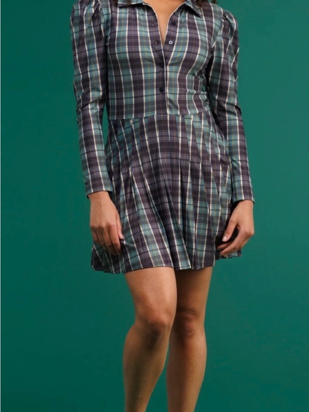 NWT Smith & Quinn Edith Galway Plaid Long-Sleeve Pleated Green Mini Dress SZ M